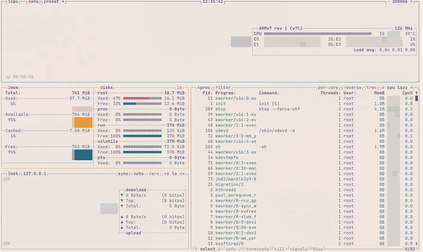 btop on RK3288 showing 741 MiB memory