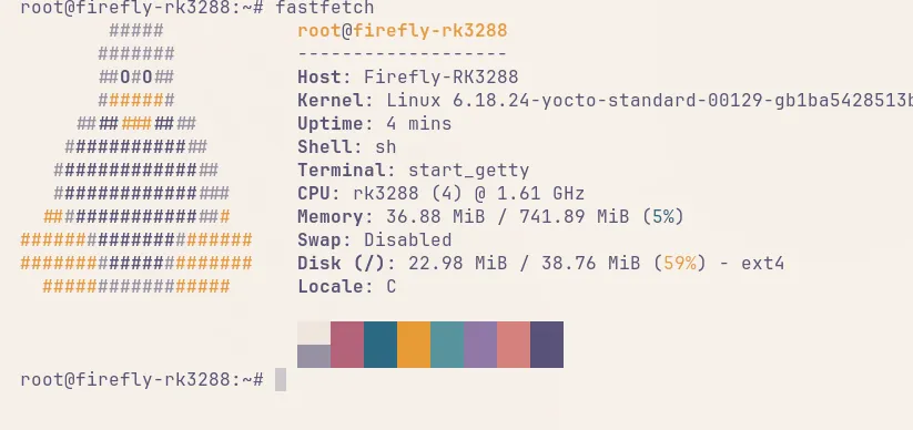 fastfetch on Firefly RK3288 showing kernel 6.18 and memory use