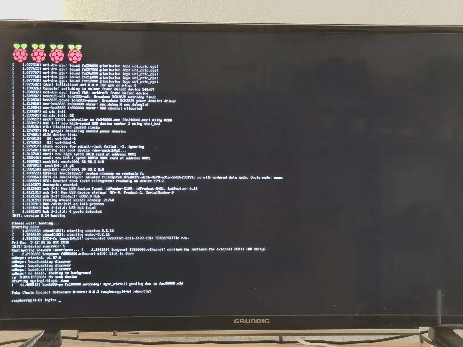 Raspberry Pi 4B boot log showing Poky 6.0.2 login